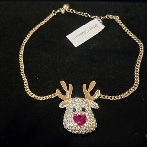Betsey Johnson Gold Reindeer Necklace with Pink Heart